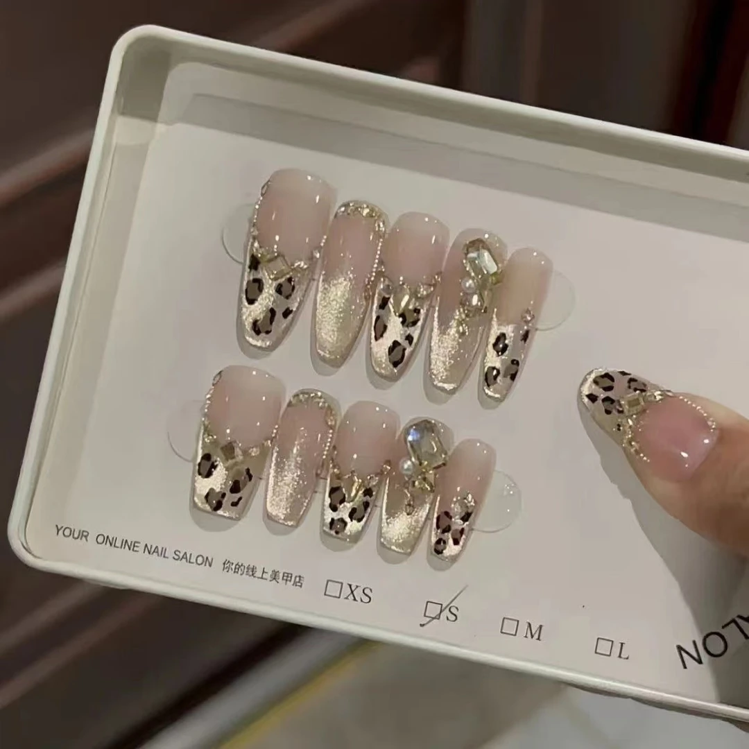 【豹富】纯手工猫眼法式豹纹穿戴美甲落日熔金秋冬美甲重复穿戴
