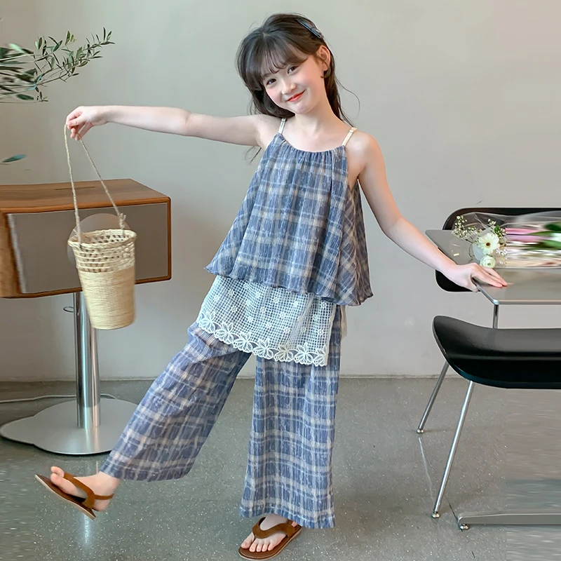 女童夏装套装2025新款洋气儿童夏季格子吊带休闲裤女孩大童两件套