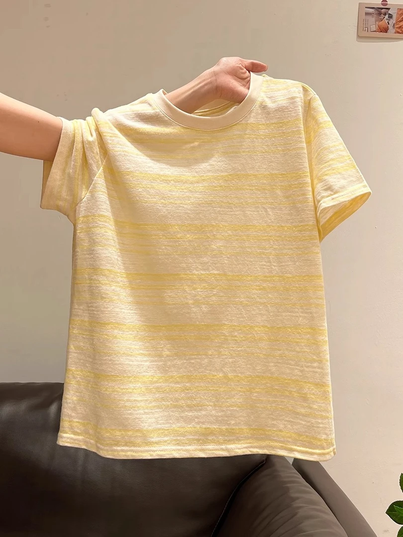 黄色多巴胺条纹宽松休闲正肩遮肉百搭短袖T恤上衣女2025夏季新款