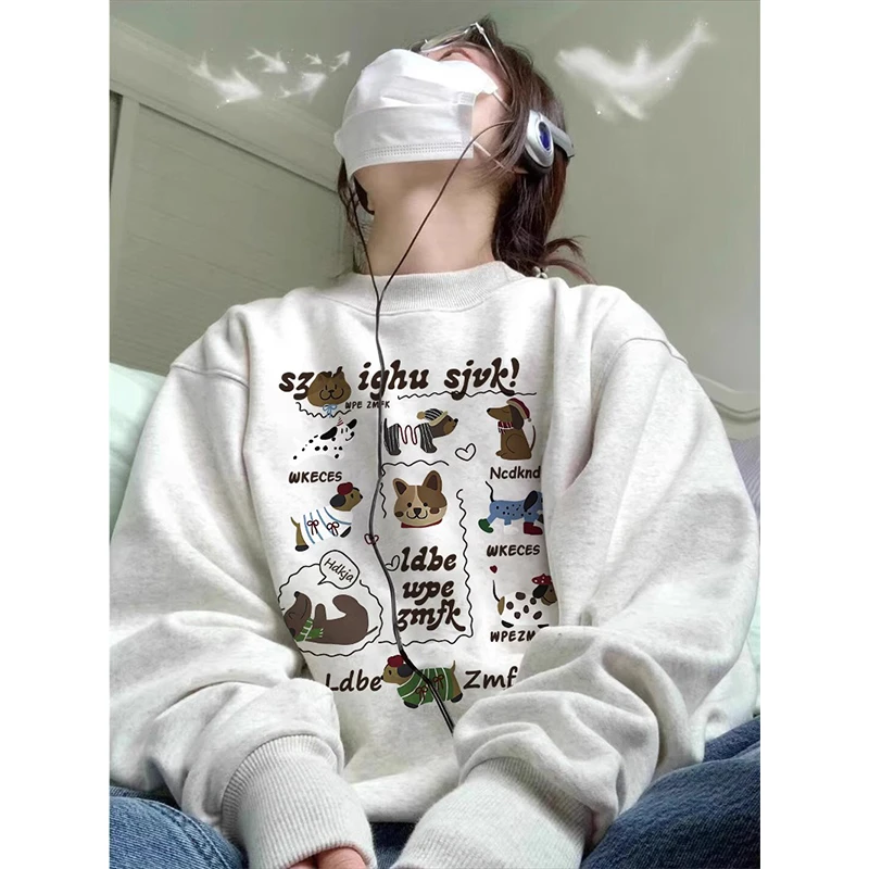 长袖小狗印花dk圆领卫衣女春秋冬季2025新款加绒加厚百搭宽松上衣