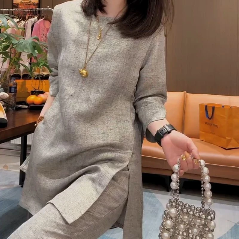 网红新款时尚百搭套装2025春夏女高级感灰色显瘦中长上衣+九分裤