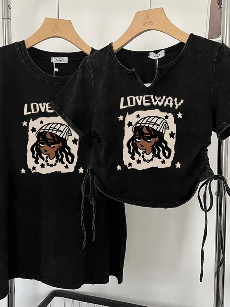 美式做旧水洗宽松短袖t恤女夏季2025新款印花抽绳潮酷情侣上衣