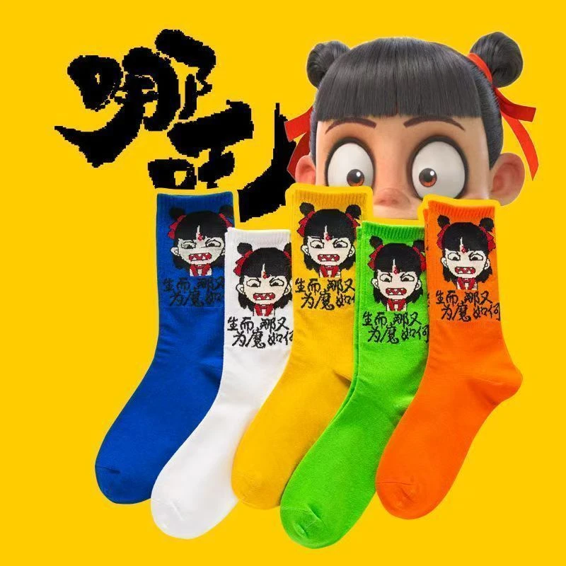 新款棉袜女韩版中筒网红哪吒魔童降世袜潮流春秋冬中筒筒袜国潮袜