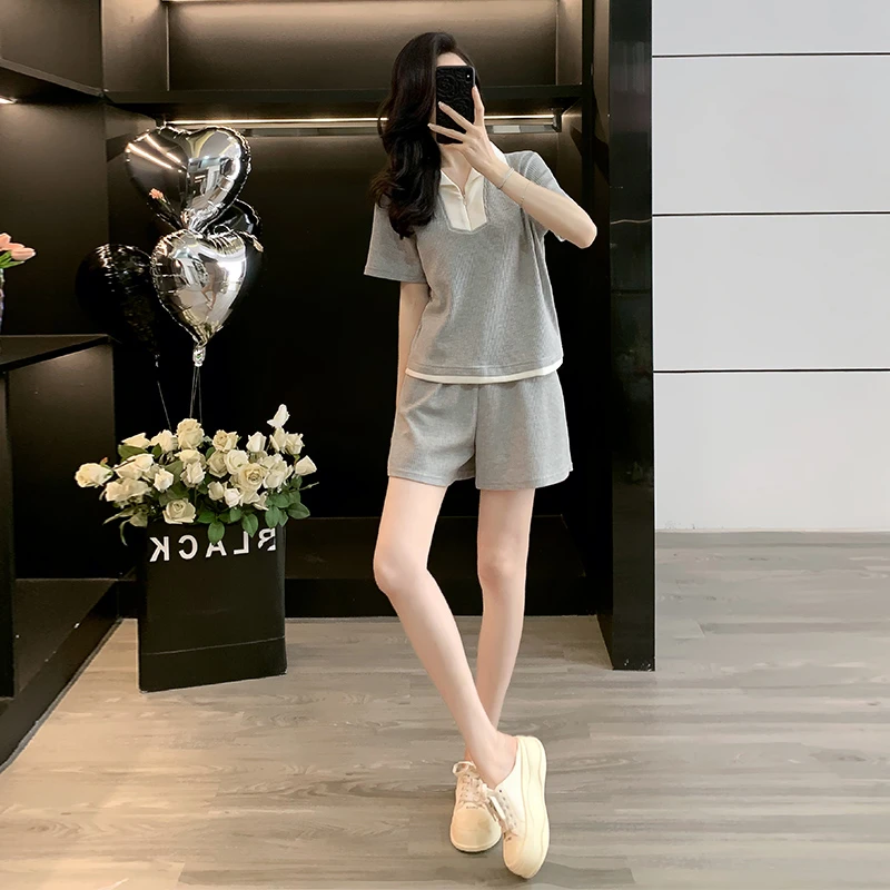 夏季休闲风短袖时尚套装显瘦少女风运动外穿大码小个子百搭阔腿