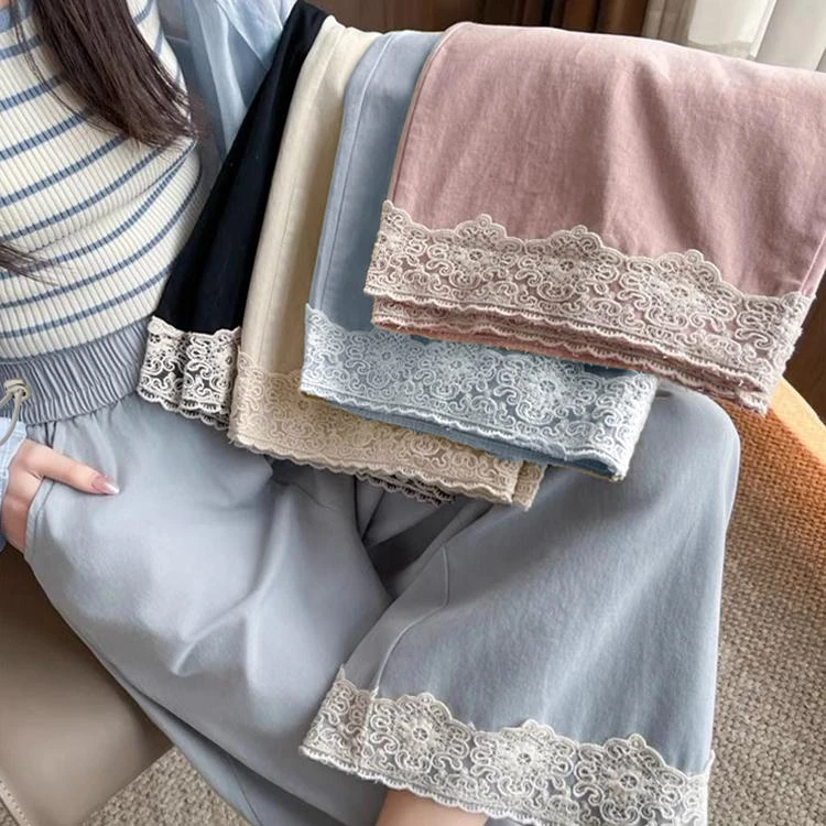 孕妇裤子夏季高腰抽绳蕾丝花边拼接小个子阔腿裤宽松显瘦直筒长裤