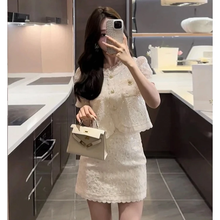 【朵拉】大码春泡泡袖夏季气质小香风高级感上衣+半身裙两件套装