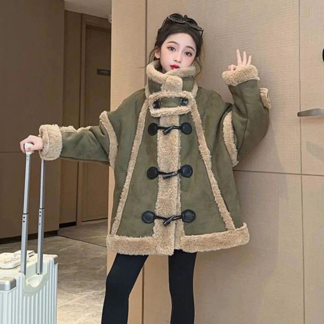 女童冬款皮毛一体外套新款儿童洋气时髦加厚大衣休闲女孩上衣
