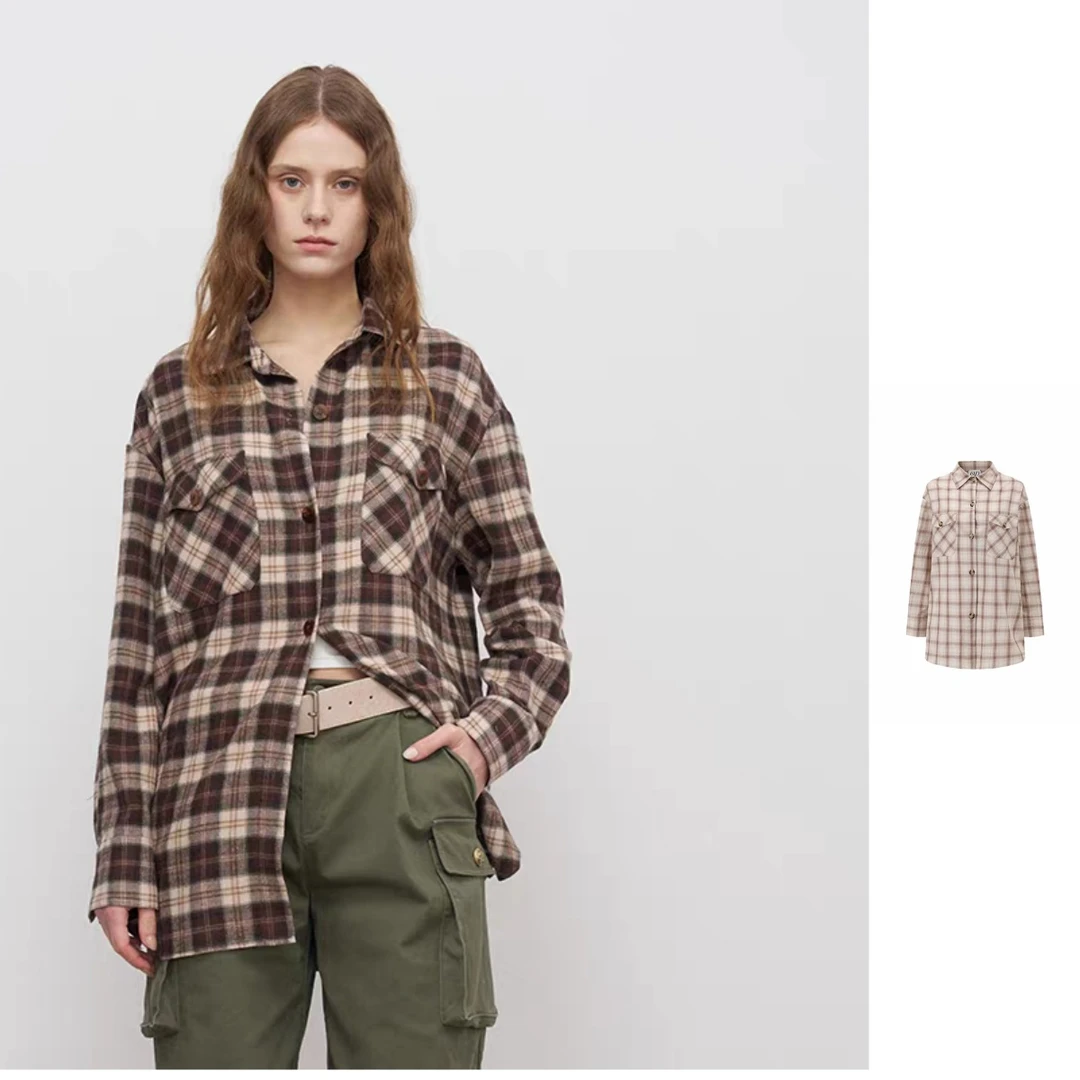 ODTD  25秋季新款彩色和平鸽宽松格纹棉格子衬衫上衣