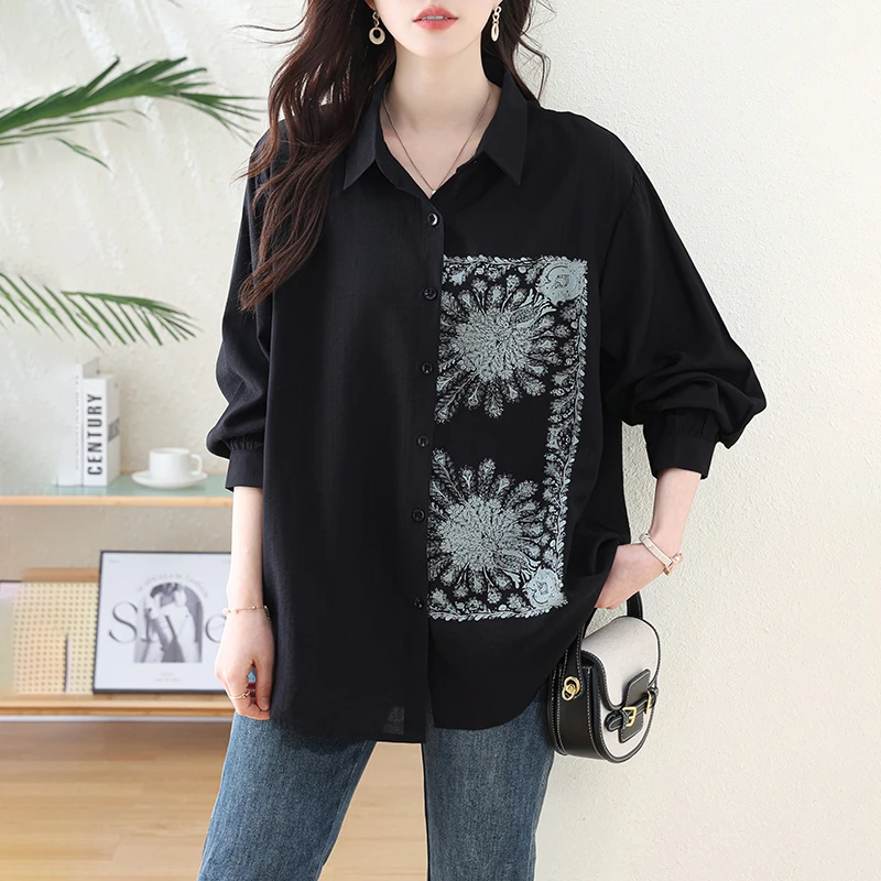 大码女装2025新款印花翻领简约大气时尚休闲宽松百搭衬衫显瘦6510