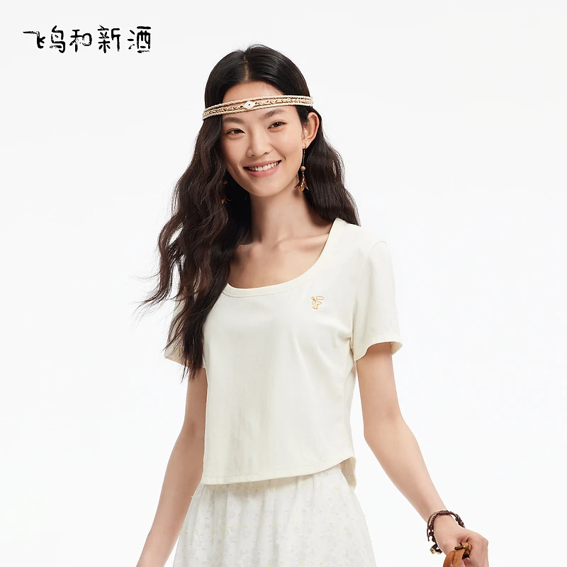 【大叔专享】飞鸟和新酒白色显瘦T恤圆领休闲百搭时尚小衫1021