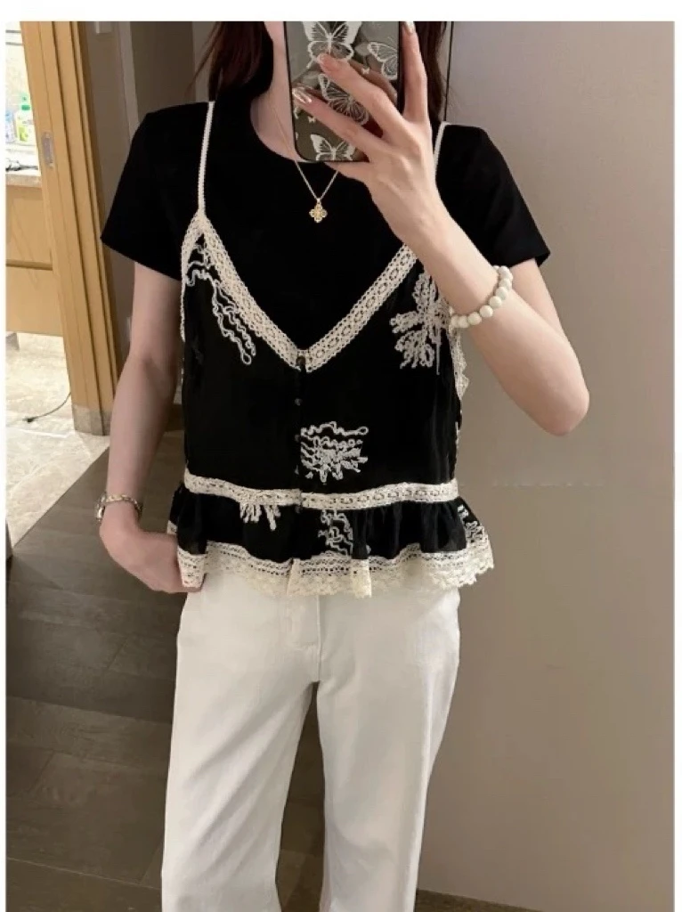 L & L 云云【小城夏天】新款刺绣提花时尚设计款假两件上衣