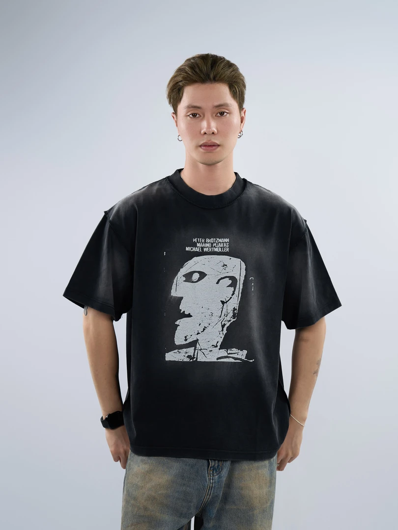 Dokie/道基夏季300克双纱纯棉水洗做旧马骝重磅圆领短袖3336