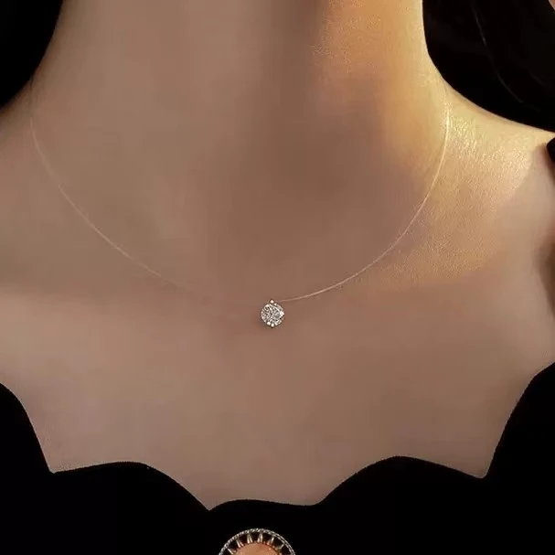 铜合金锆石项链 人鱼之泪隐形鱼线锆石项链女生锁骨链精致锆石