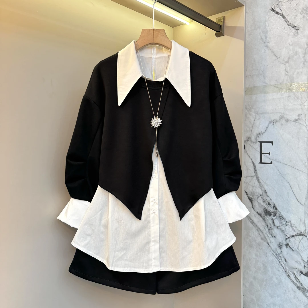 2025早秋新款翻领衬衫+外披+短裤小众设计通勤风胖mm三件套898