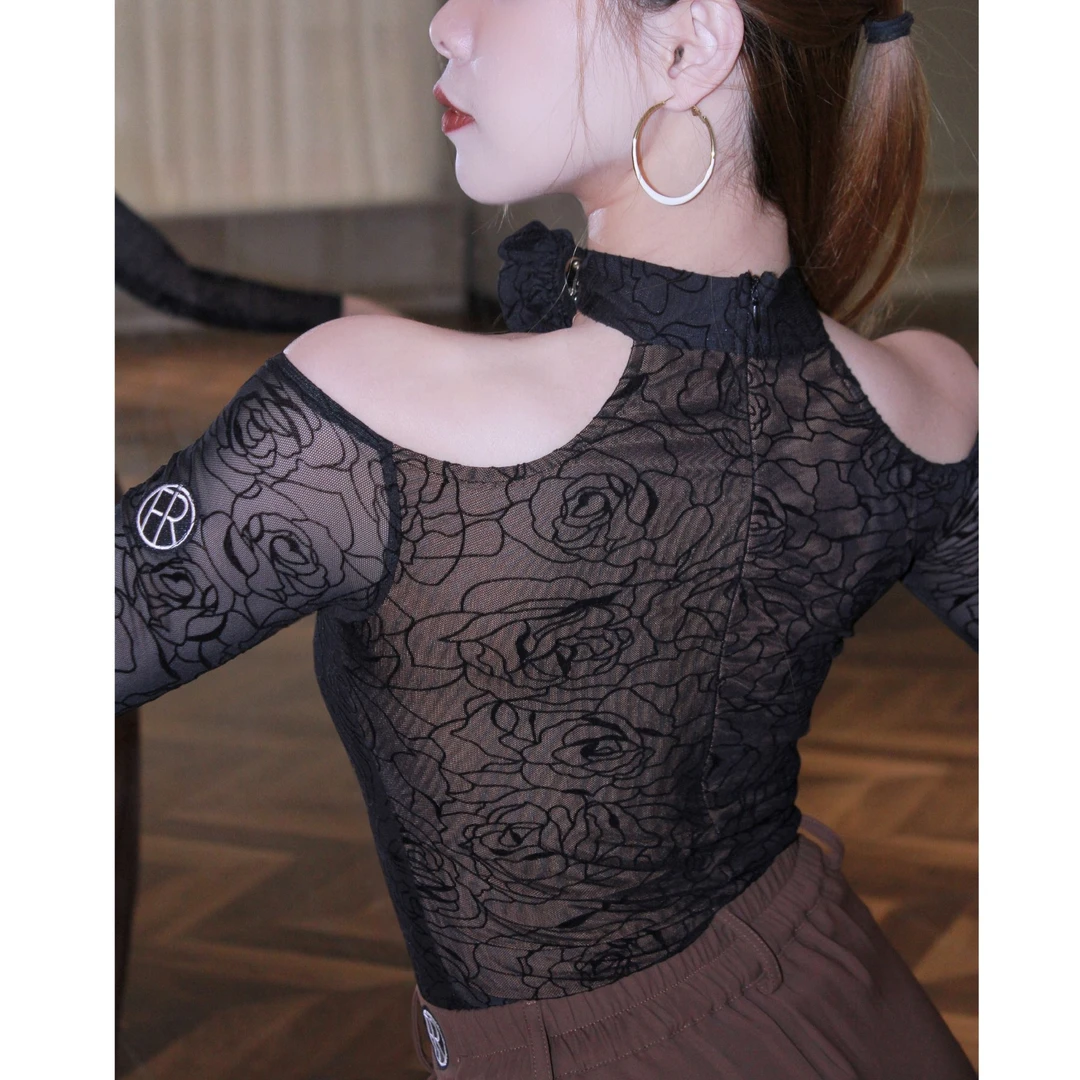 Fairy舞服一字肩复古长袖拉丁舞上衣