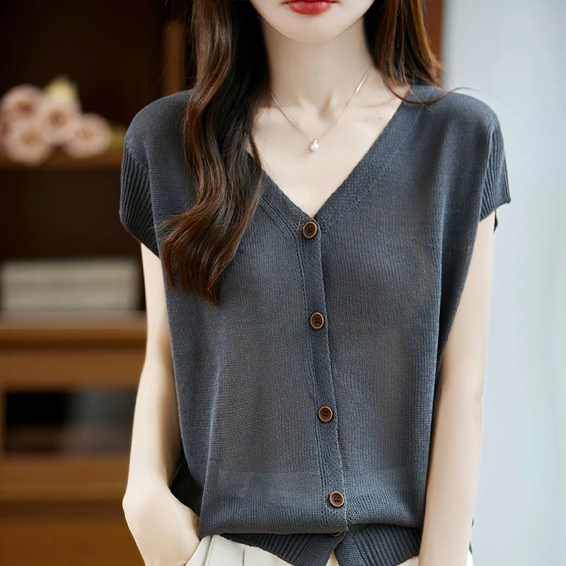 冰丝针织短袖开衫女薄2025新款宽松显瘦V领小开衫薄款小外搭洋气