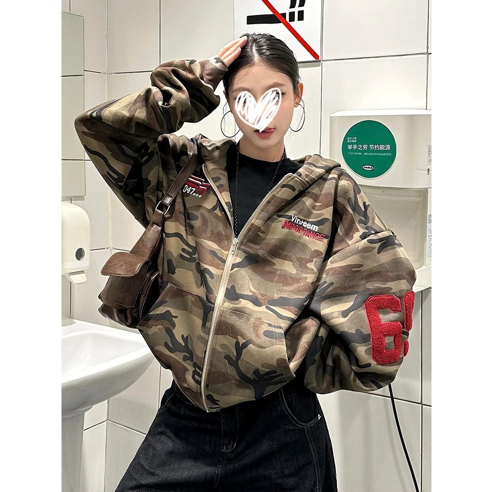 街头复古美式迷彩开衫连帽卫衣外套女2025秋季新款宽松显瘦上衣