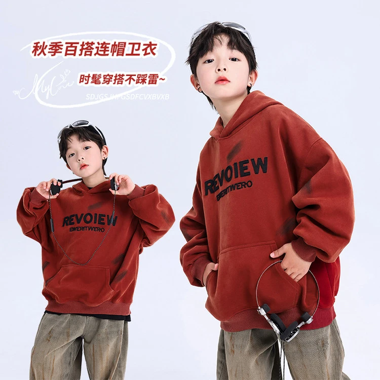 男大童春季红色连帽卫衣中大童春秋上衣儿童春款卫衣百搭潮4799