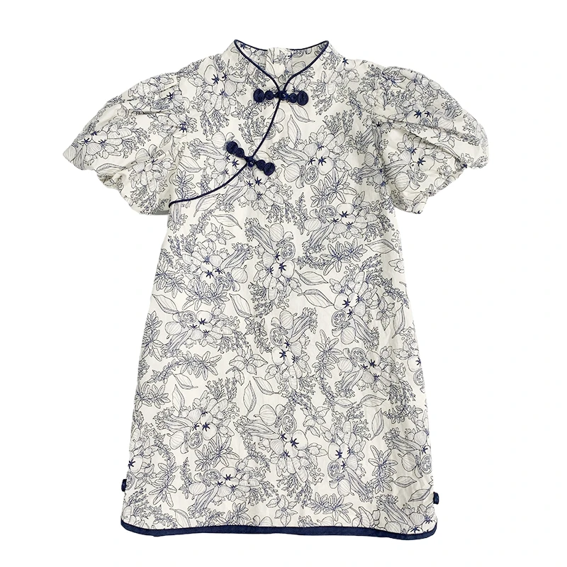 女童旗袍连衣裙2024夏季新款棉质水墨画旗袍裙改良中国风连衣裙