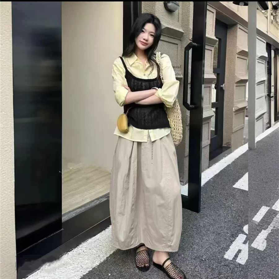 875拼接半身裙2025新款简约百搭南瓜裙中长款夏休闲高腰时尚半裙