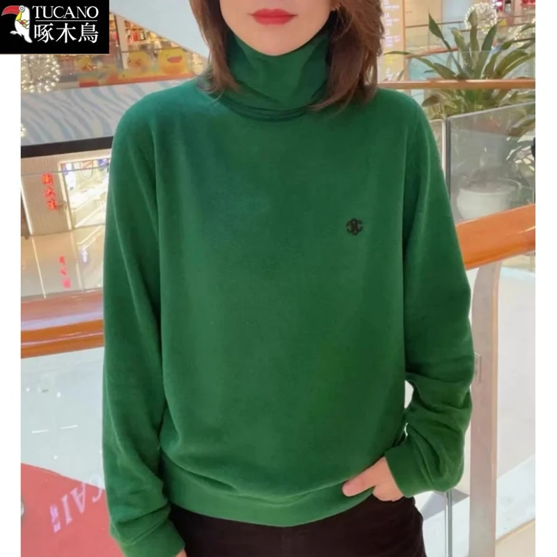 啄木鸟秋冬长袖德绒高领上衣女简约通勤2025年新款加厚保暖打底衫