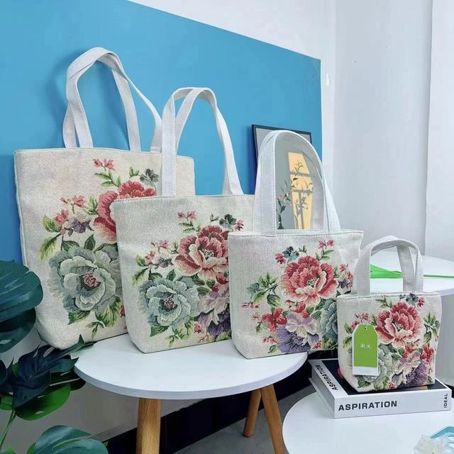 国风牡丹双面金丝刺绣手提加厚拉链帆布包手拎外出高单肩包女士包