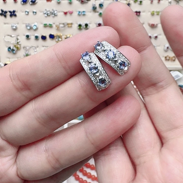 坦桑石耳饰银S925镶嵌耳钉A69