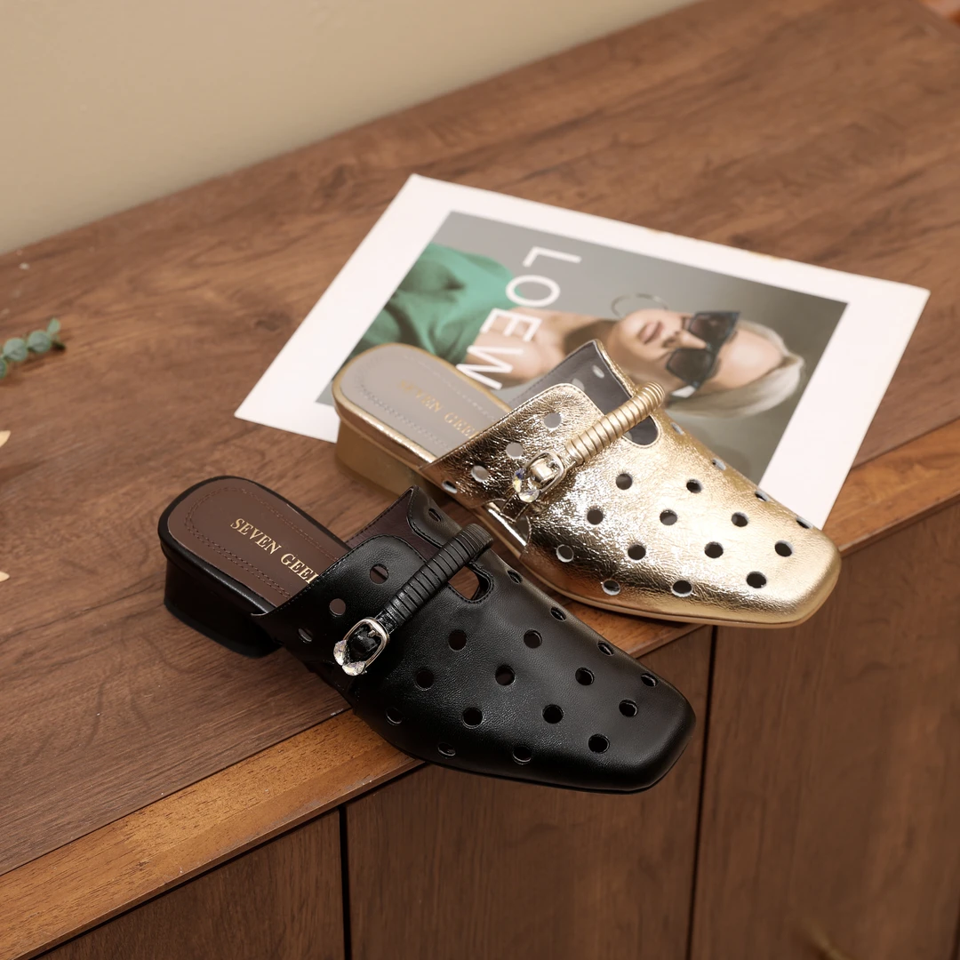 S 3CM粗跟2025夏季新款时尚百搭真皮包头镂空穆勒鞋软底托鞋D664