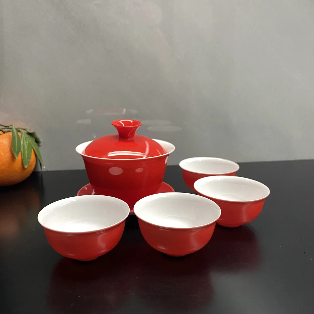 潮州高骨瓷正品薄胎功夫茶具茶杯红色喜庆婚庆结婚乔迁送礼套装