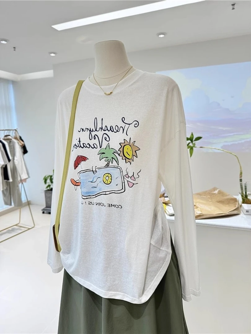 夏季新款减龄卡通创意印花宽松显瘦白色长袖T恤女夏季防晒衫罩衫