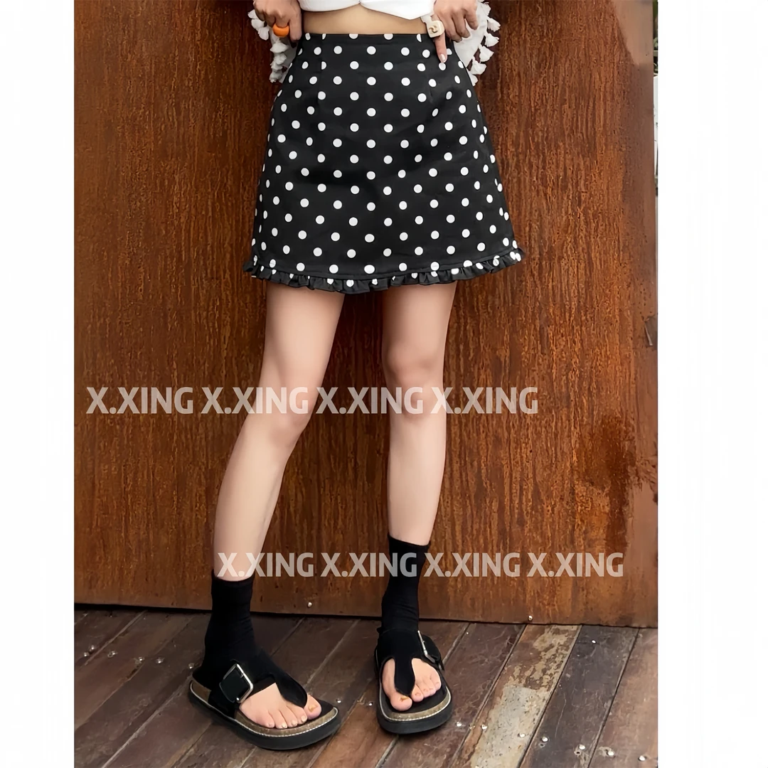 X.x.减龄百搭高腰显瘦波点休闲时尚花边半身裙女短裙潮C31-1288