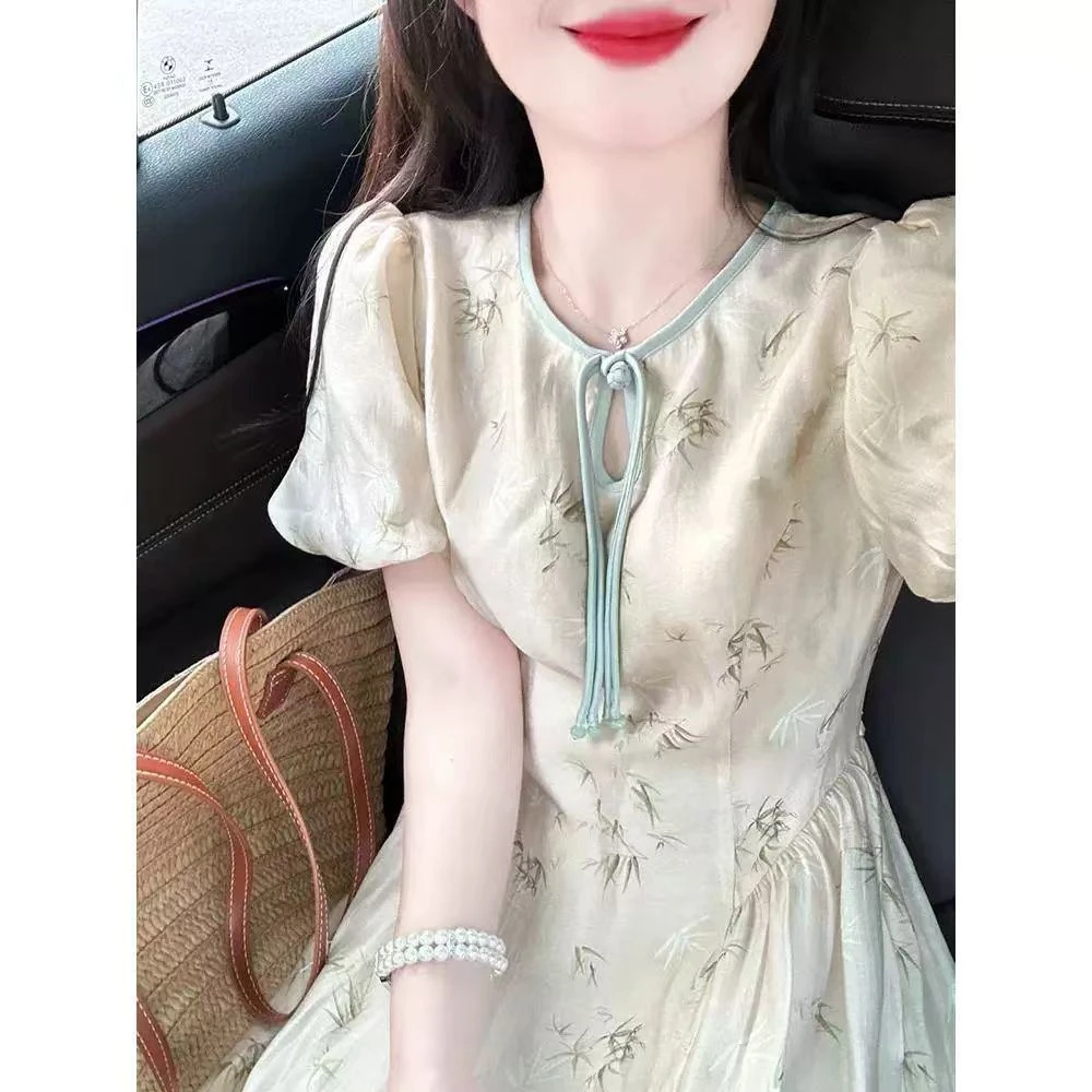 甜风新中式收腰泡泡袖连衣裙长裙印花小众夏季A2-25731