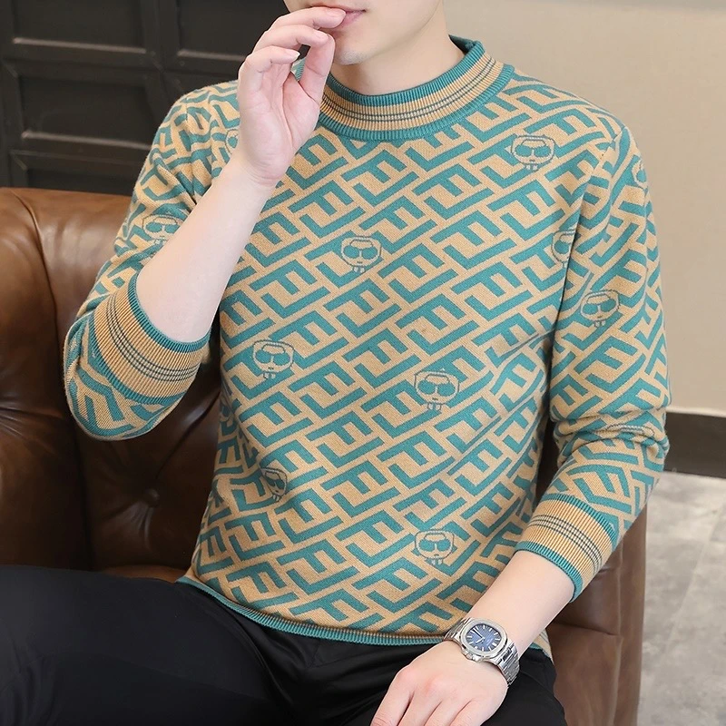 高档秋冬新款时尚潮流百搭保暖打底衫男装欧货提花圆领毛衣男士