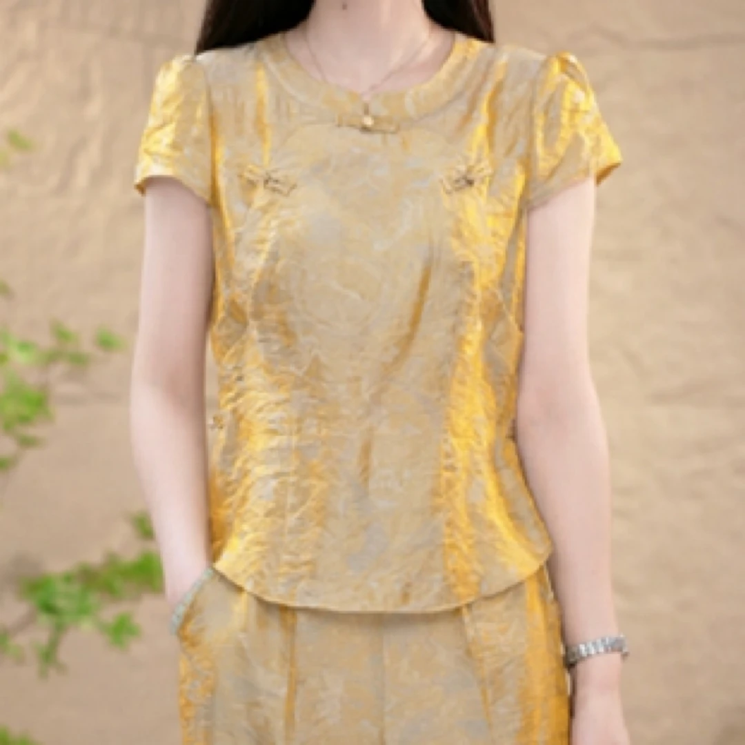 2025夏季百搭小众气质流光金清凉透气遮肉显瘦套装两件套M-4XL