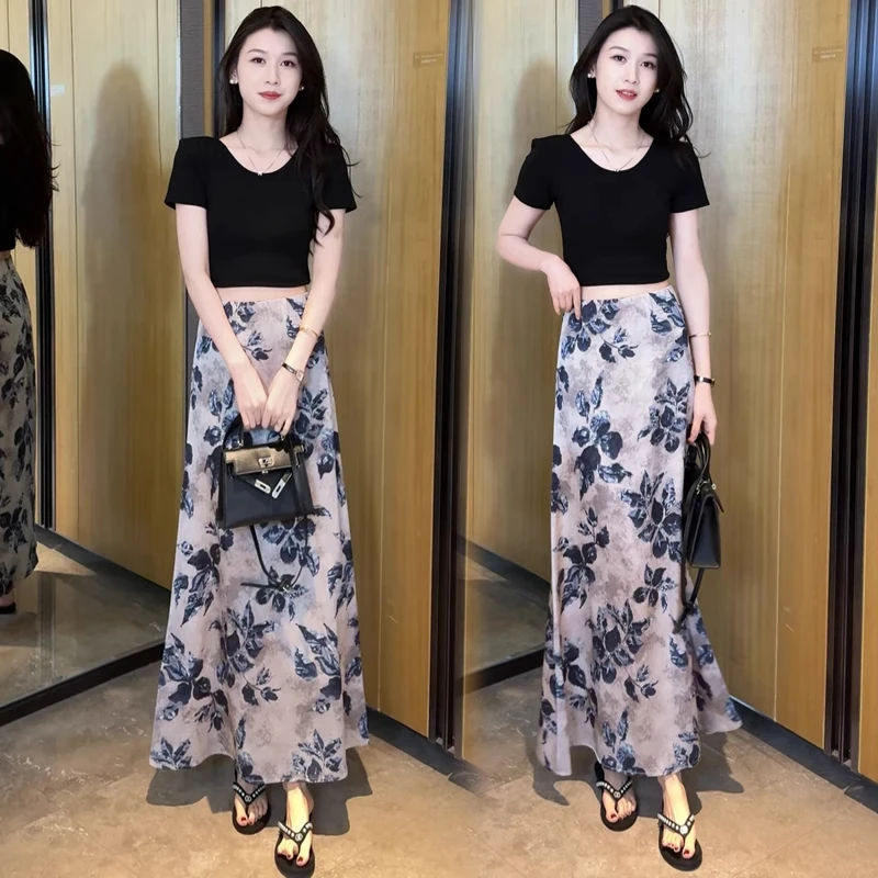 时尚套装裙女2025夏季新款洋气镂空蕾丝短袖T恤A字半身长裙两件套