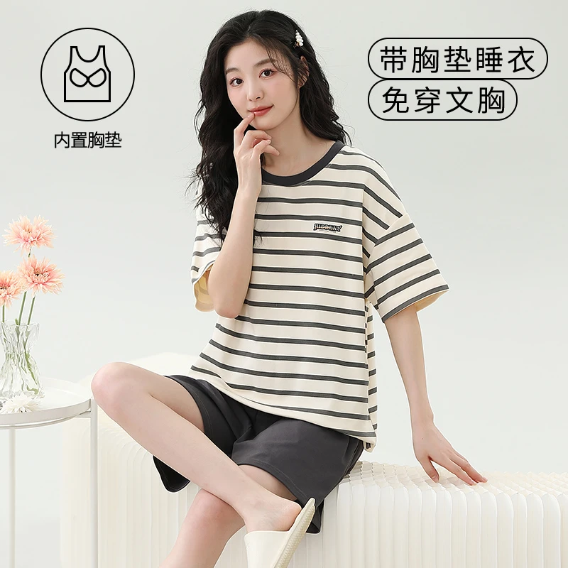 带胸垫睡衣女夏季短袖可爱大码休闲女士套装可外穿薄款家居服套装