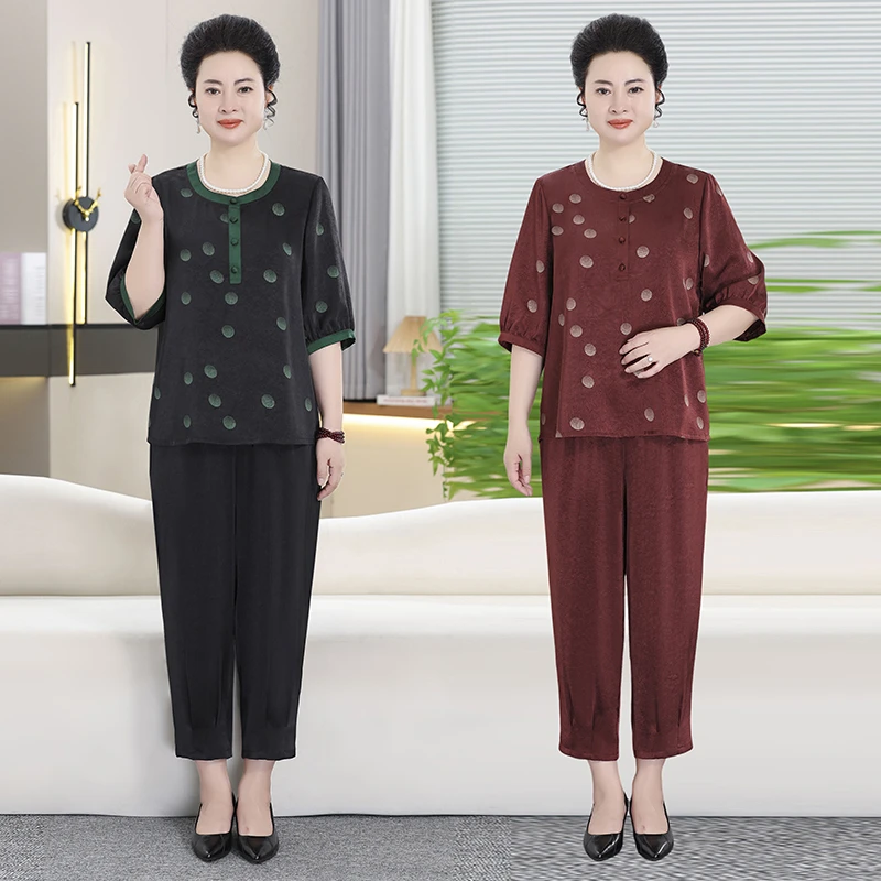 大码妈妈装夏季新款波点圆领套装中老年休闲时尚上衣+裤子2568
