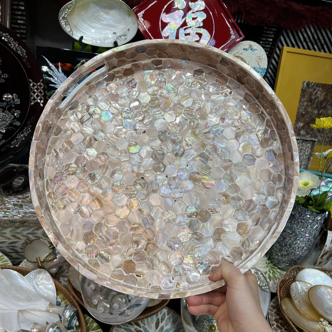 BB-【螺钿工艺】侘寂风圆盘深海贝母手工制作托盘收纳40*5CM