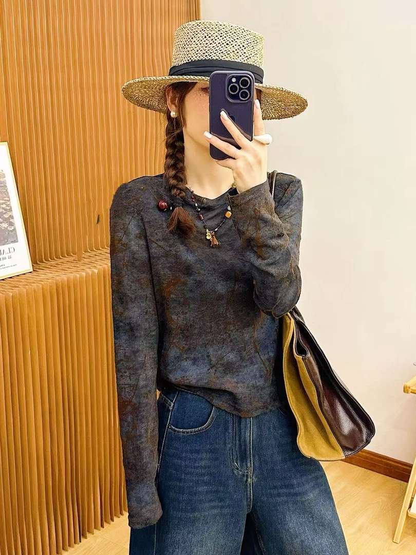 玲家精选6806款号扎染网纱打底衫