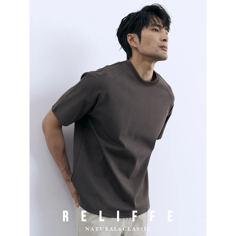 夏季气质绅士高档莱赛尔圆领短袖宽松半袖休闲黑色T恤男重磅上衣