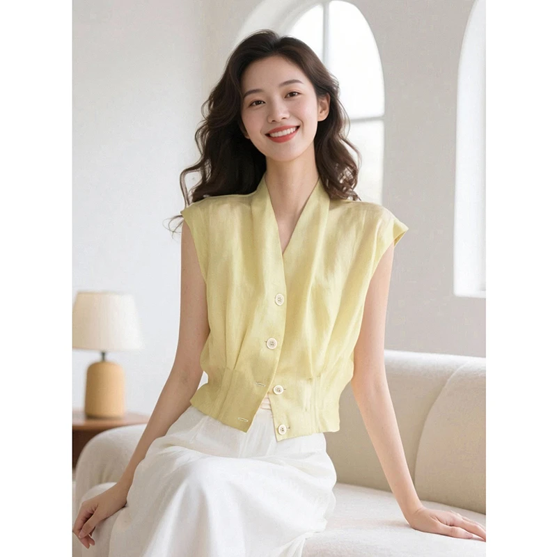 【专享】2025夏上衣V领无袖衬衫女25031703