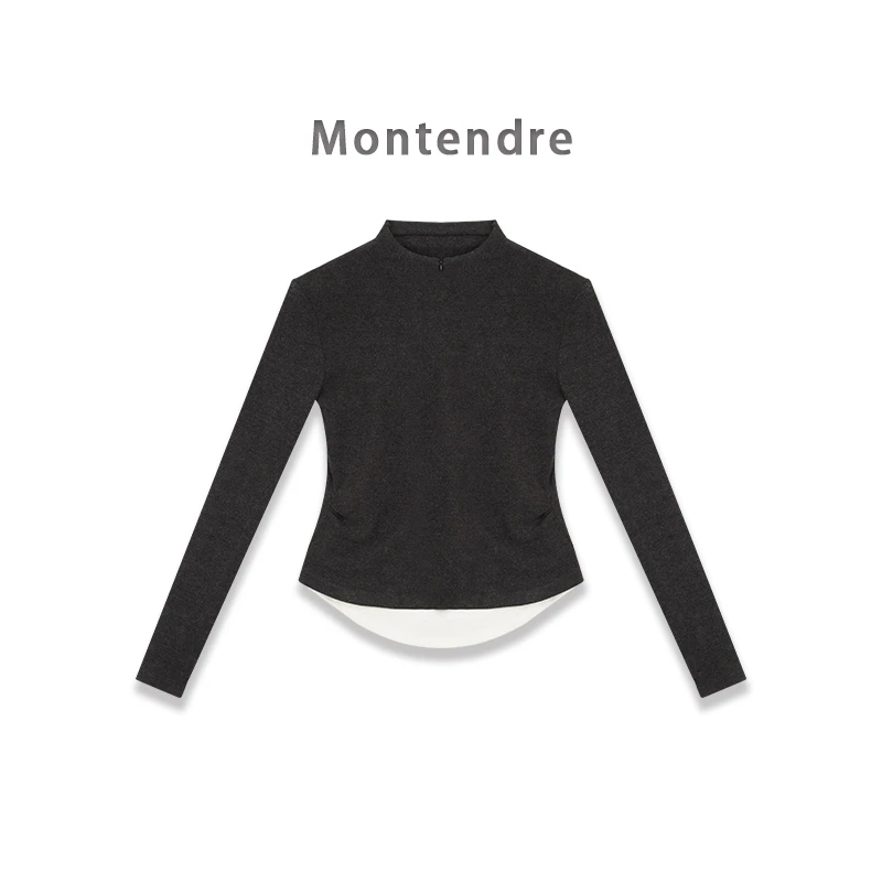 【MonTendre】秋季新款 L 休闲通勤风拼接修身假两件百搭针织上衣女
