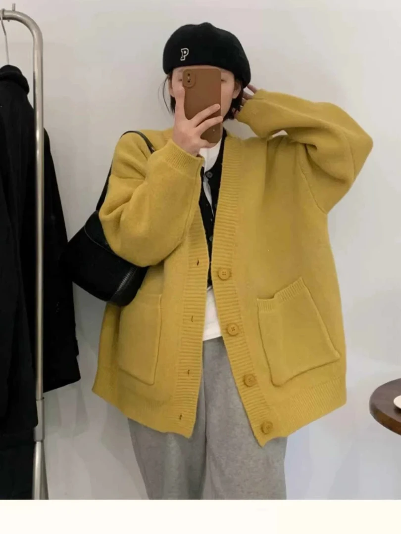 韩系纯色双口袋毛衣开衫女秋冬新款宽松软糯慵懒针织外套 8031