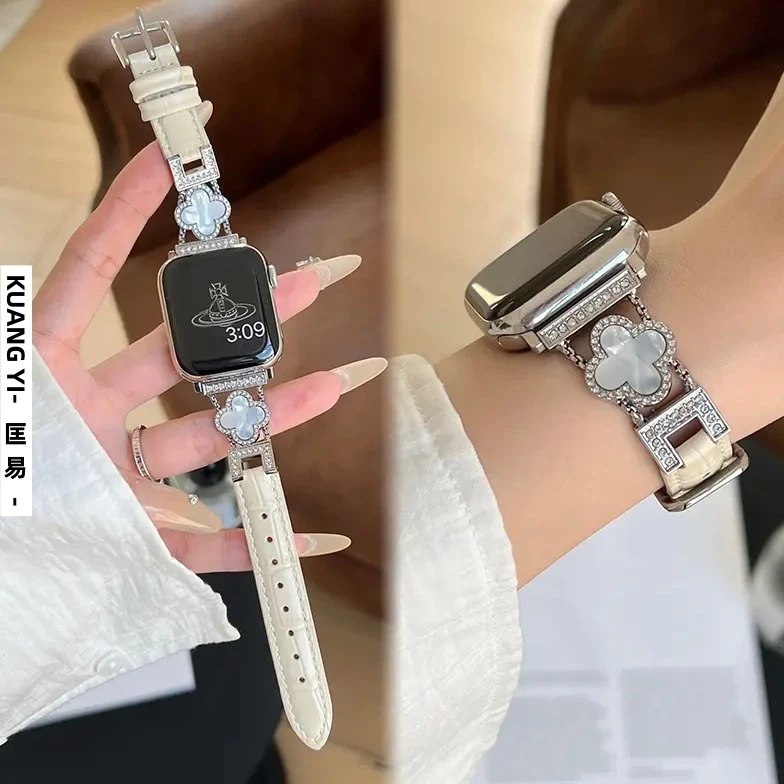 适用苹果手表iwatchs11表带s10四叶草鳄鱼纹真皮s9女款se腕带轻奢