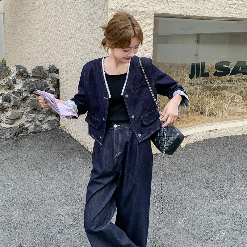 深蓝色蕾丝拼接休闲套装女春季2025年新款长袖外套阔腿裤两件套潮