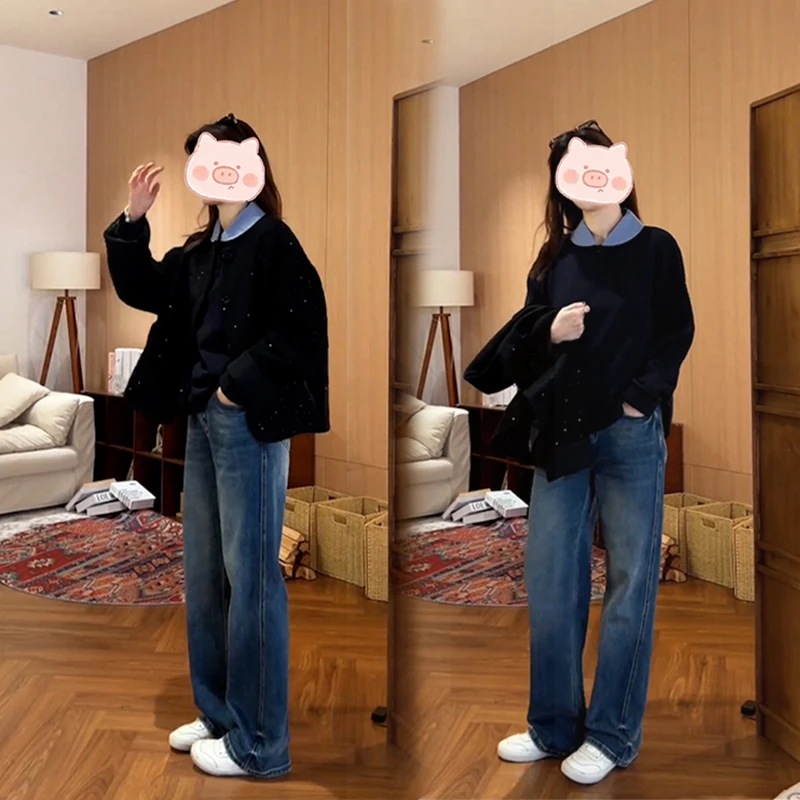 套装女2024秋冬新款学院风假两件衬衫拼接黑色上衣搭配显瘦牛仔裤