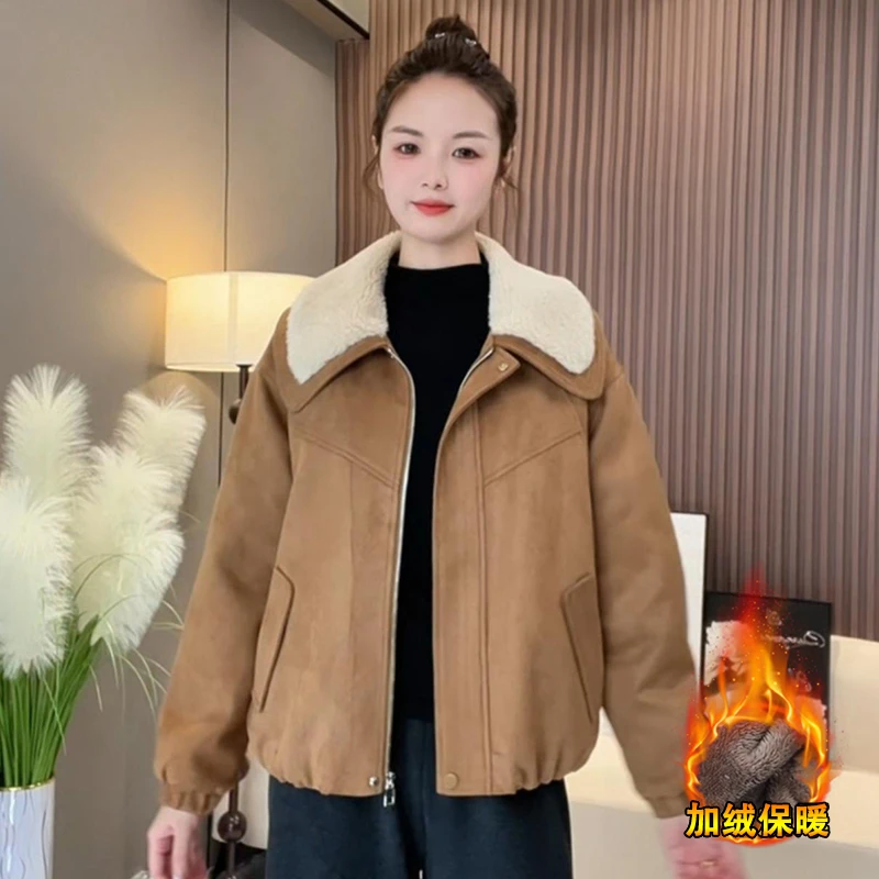 加绒加厚麂皮绒短外套女2025冬季新款洋气韩系翻领棉衣棉服上衣潮