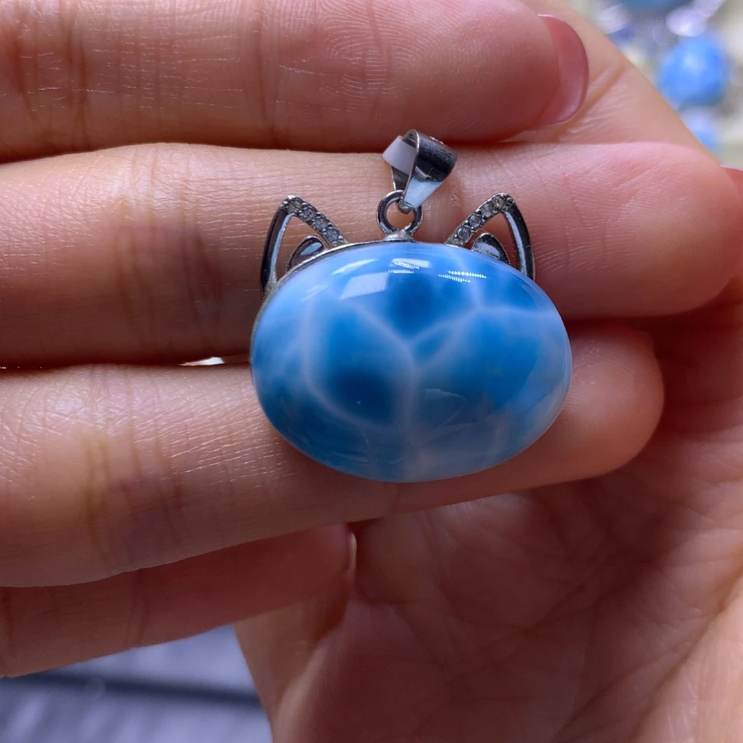 针钠钙石（海纹石）银S925镶嵌吊坠(不含链)猫咪头吊坠色差略异