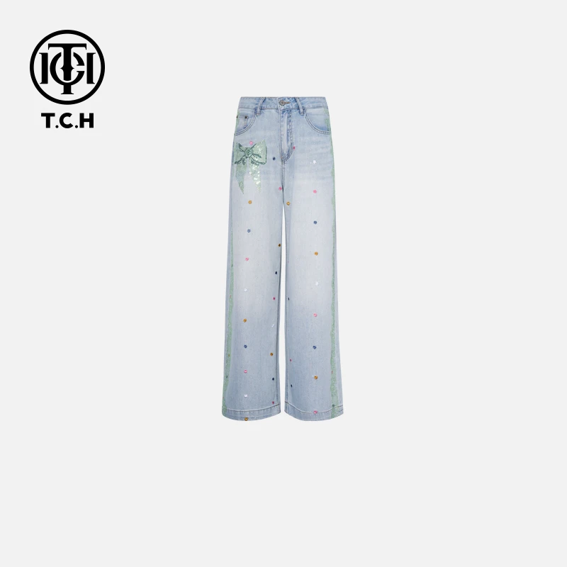 TCH私服烫钻工艺休闲直筒裤子高级感牛仔裤女T75B20E5001轻奢tch
