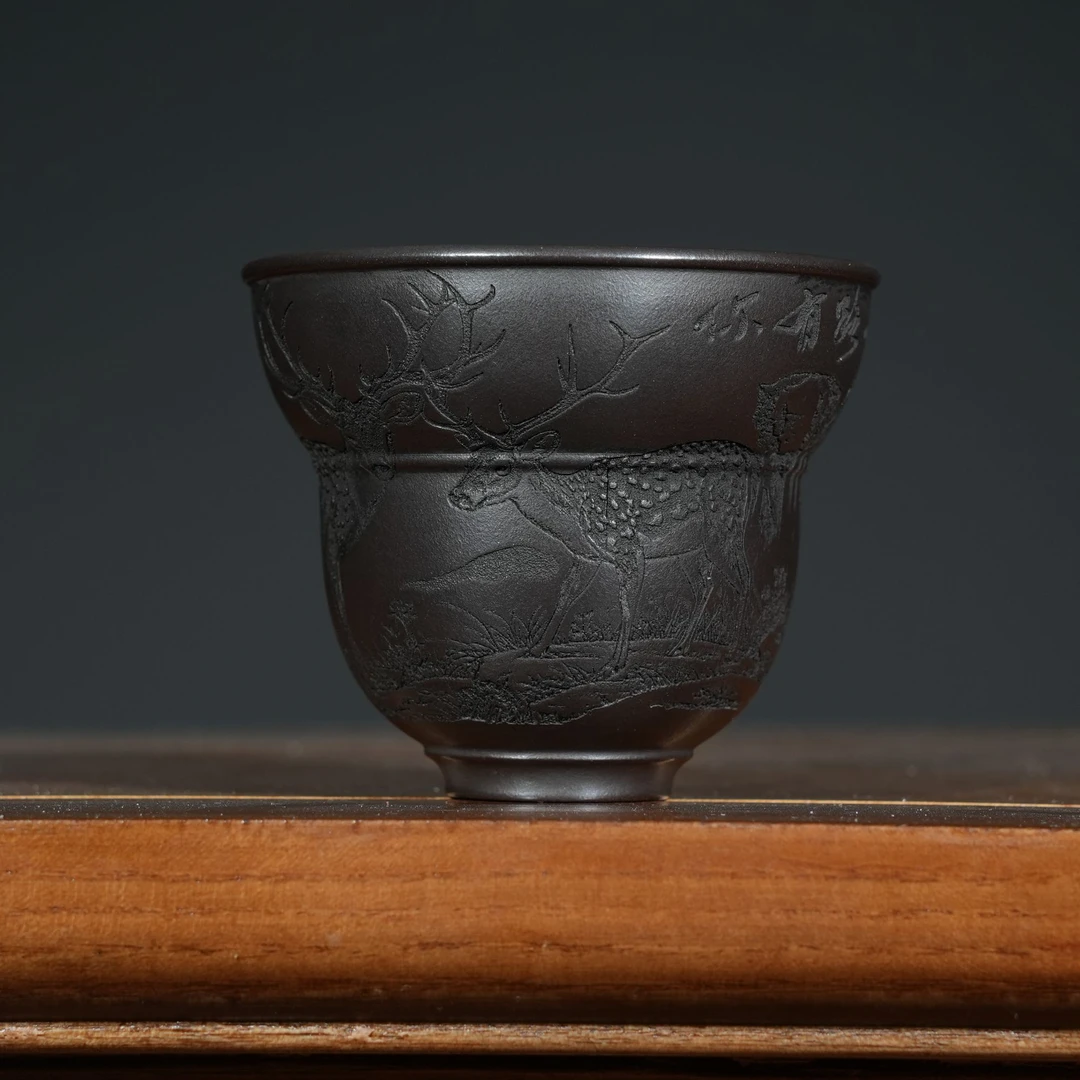 宜兴原矿石黄料书法刻绘紫砂手工主人杯容量100CC